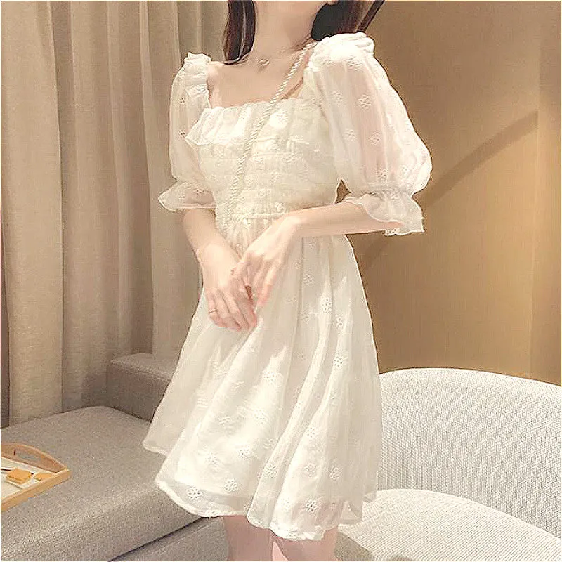 French Summer Dress Women White Puff Sleeve Korean Style Fairy Dress Lace Chiffon Japan Style Kawaii Elegant Vintage Dress
