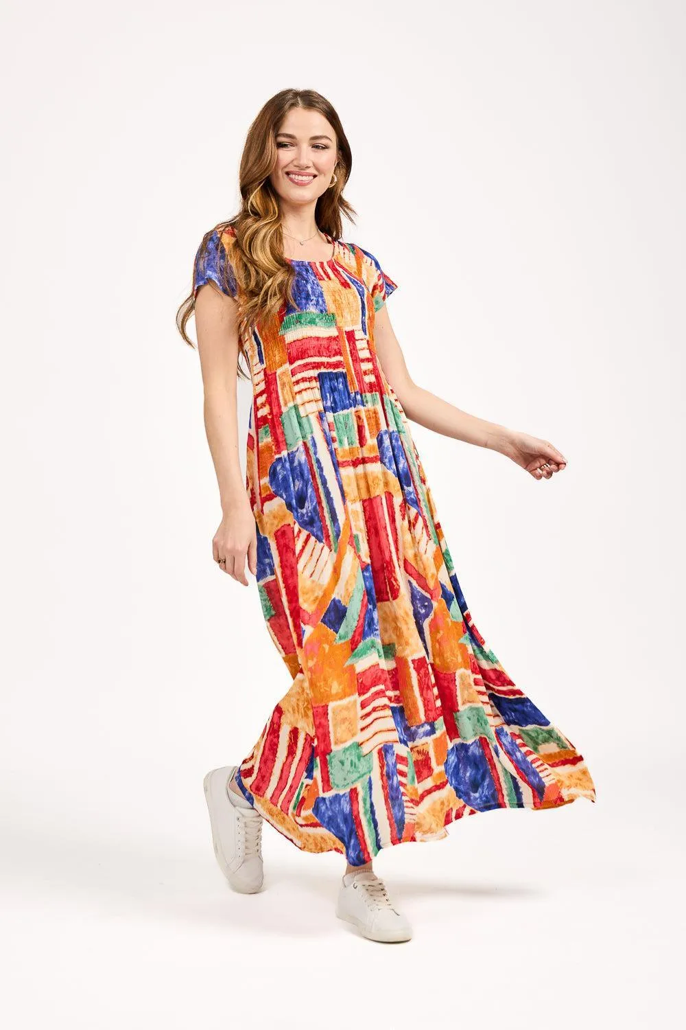 Geometric Print Shirred Bodice Dress - Blue
