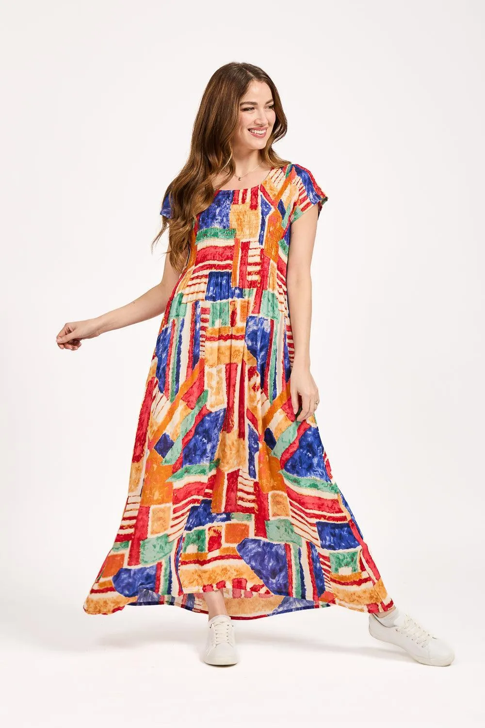 Geometric Print Shirred Bodice Dress - Blue