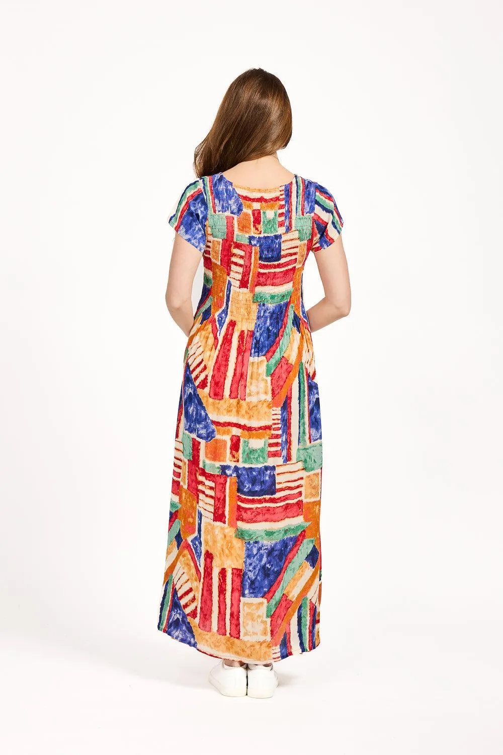 Geometric Print Shirred Bodice Dress - Blue
