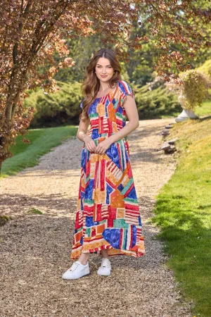 Geometric Print Shirred Bodice Dress - Blue