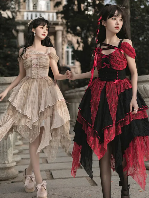Gothic Lolita Dresses Ruffles Rose Burgundy Ecru White