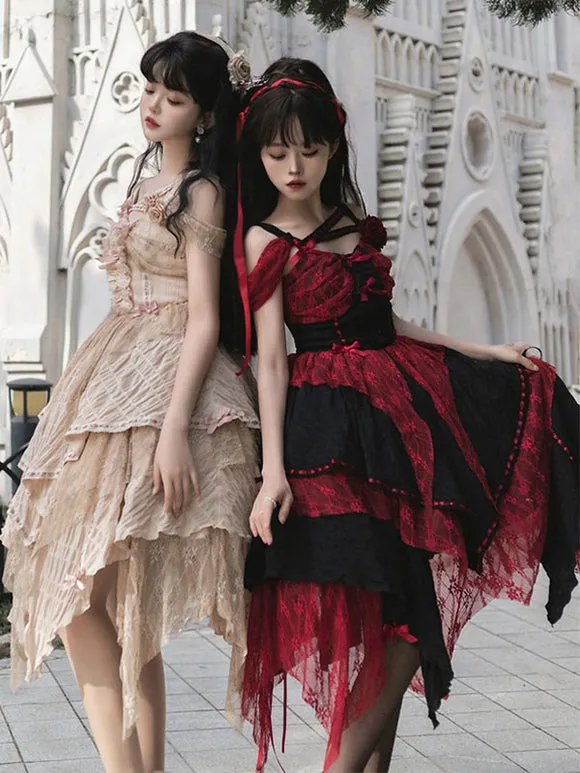 Gothic Lolita Dresses Ruffles Rose Burgundy Ecru White