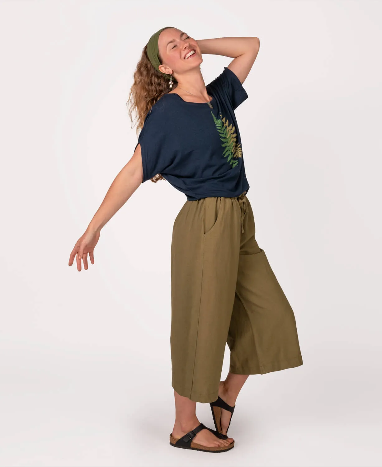 Hemp Viscose Cropped Palazzo Pants - Moss