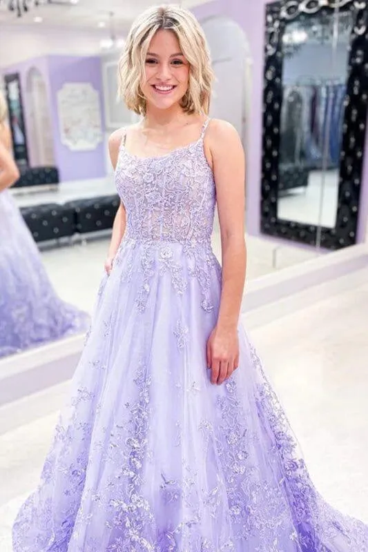 Hot Lace Long Violet Prom Dresses 2024 Floral Lavender Formal Dresses 3D Flowers