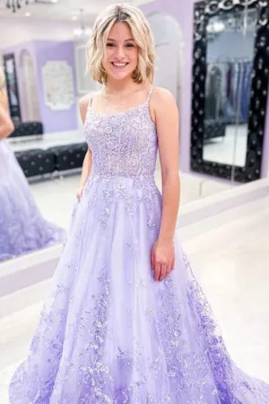 Hot Lace Long Violet Prom Dresses 2024 Floral Lavender Formal Dresses 3D Flowers