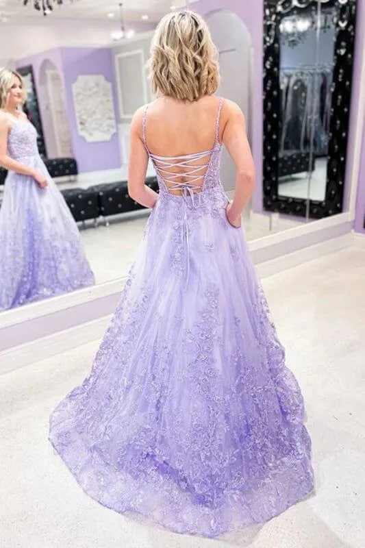 Hot Lace Long Violet Prom Dresses 2024 Floral Lavender Formal Dresses 3D Flowers