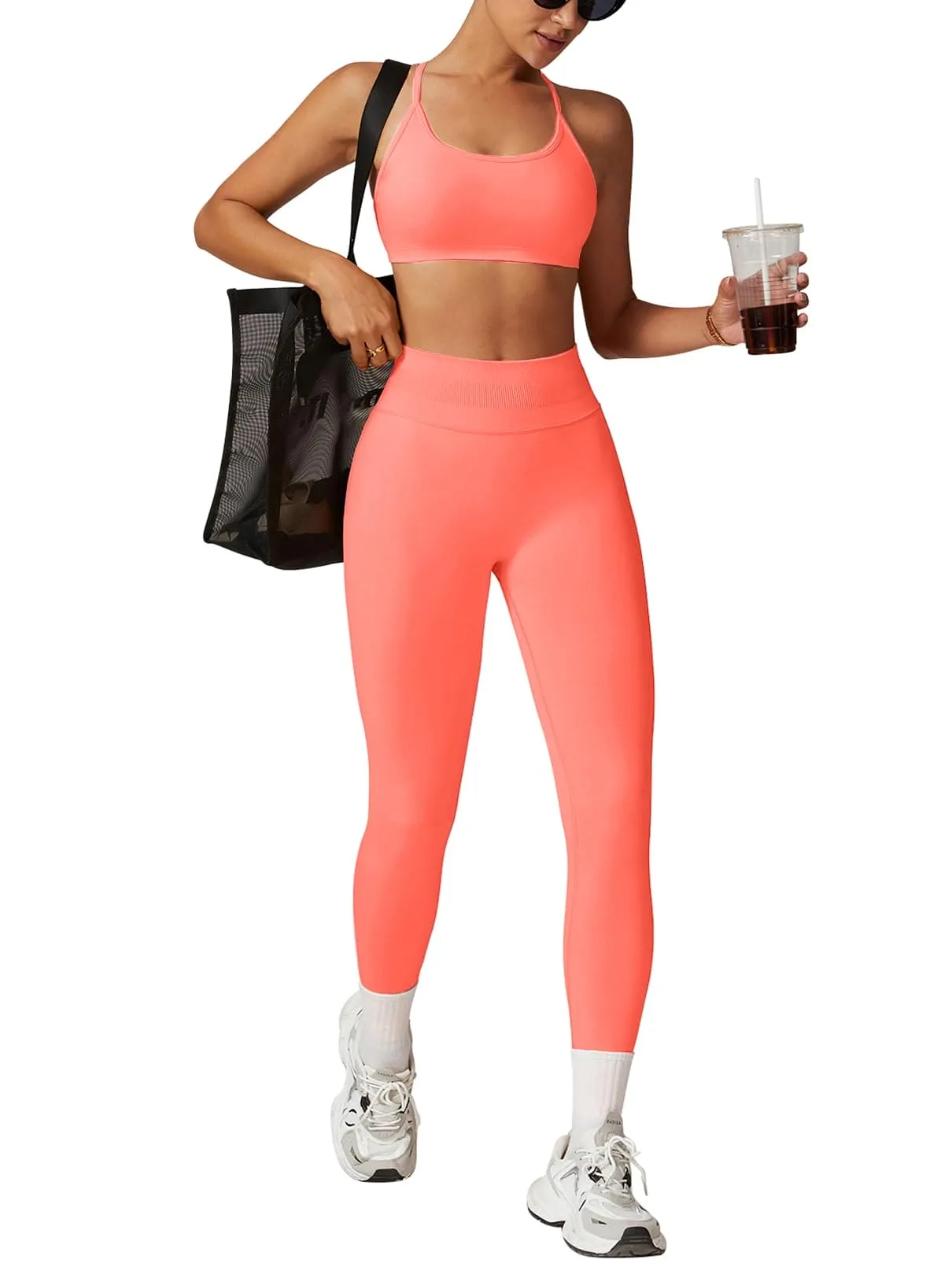 Impact Leggings for Women Seamless Workout Yoga Pants Hidden Scrunch Butt Tummy Control Gym Leggings Mid Low Waist 25" Coral