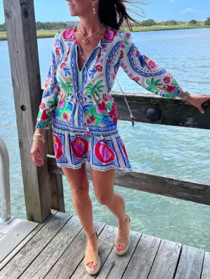 Karen - Beach Floral Unique Print Balloon Sleeve Lace Up Mini Dress