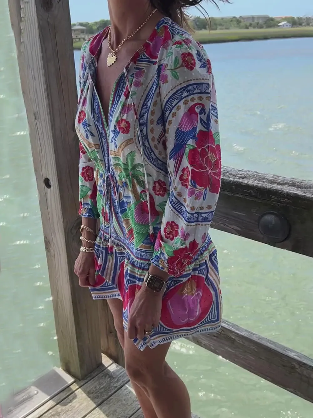 Karen - Beach Floral Unique Print Balloon Sleeve Lace Up Mini Dress