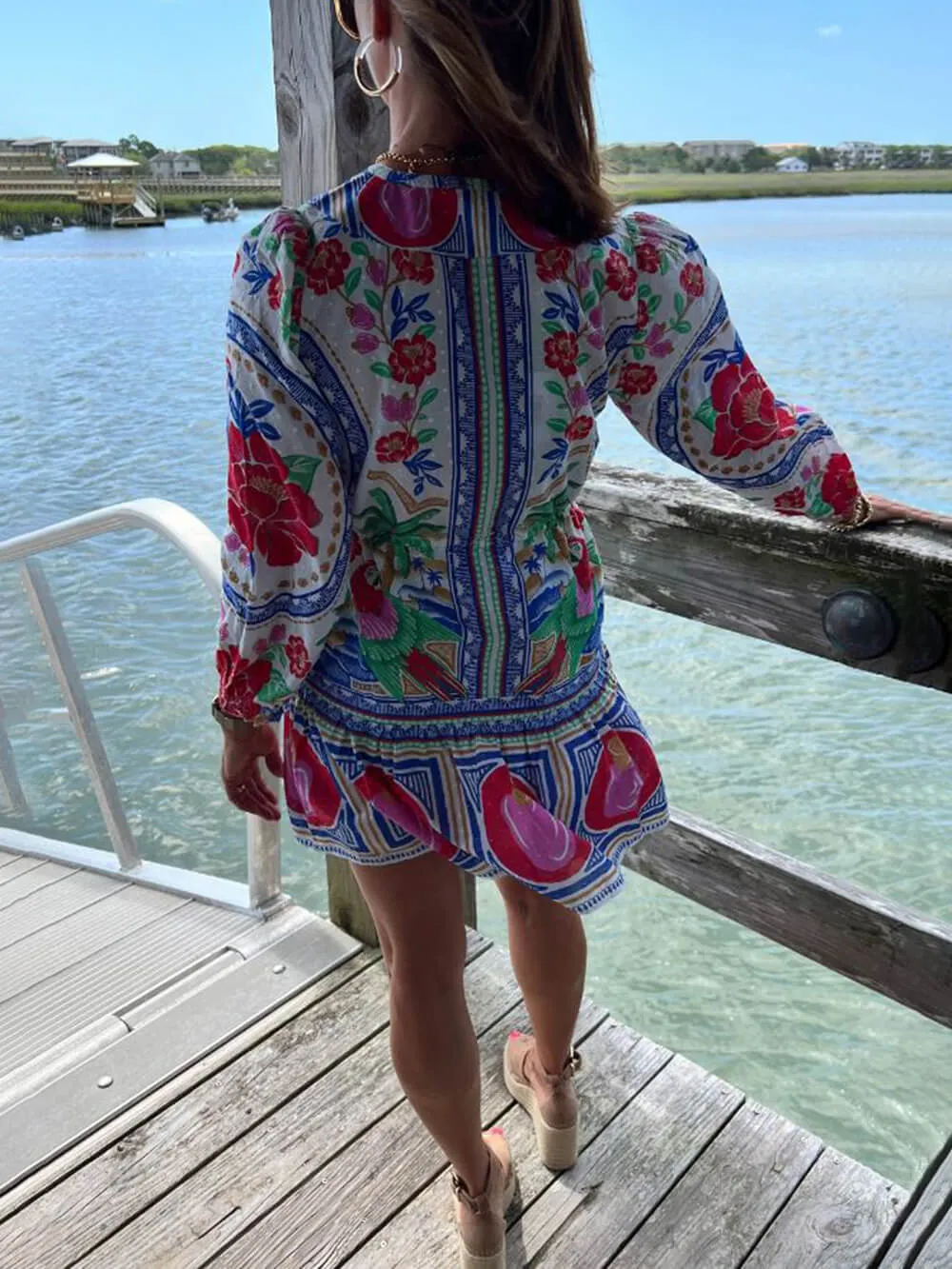 Karen - Beach Floral Unique Print Balloon Sleeve Lace Up Mini Dress