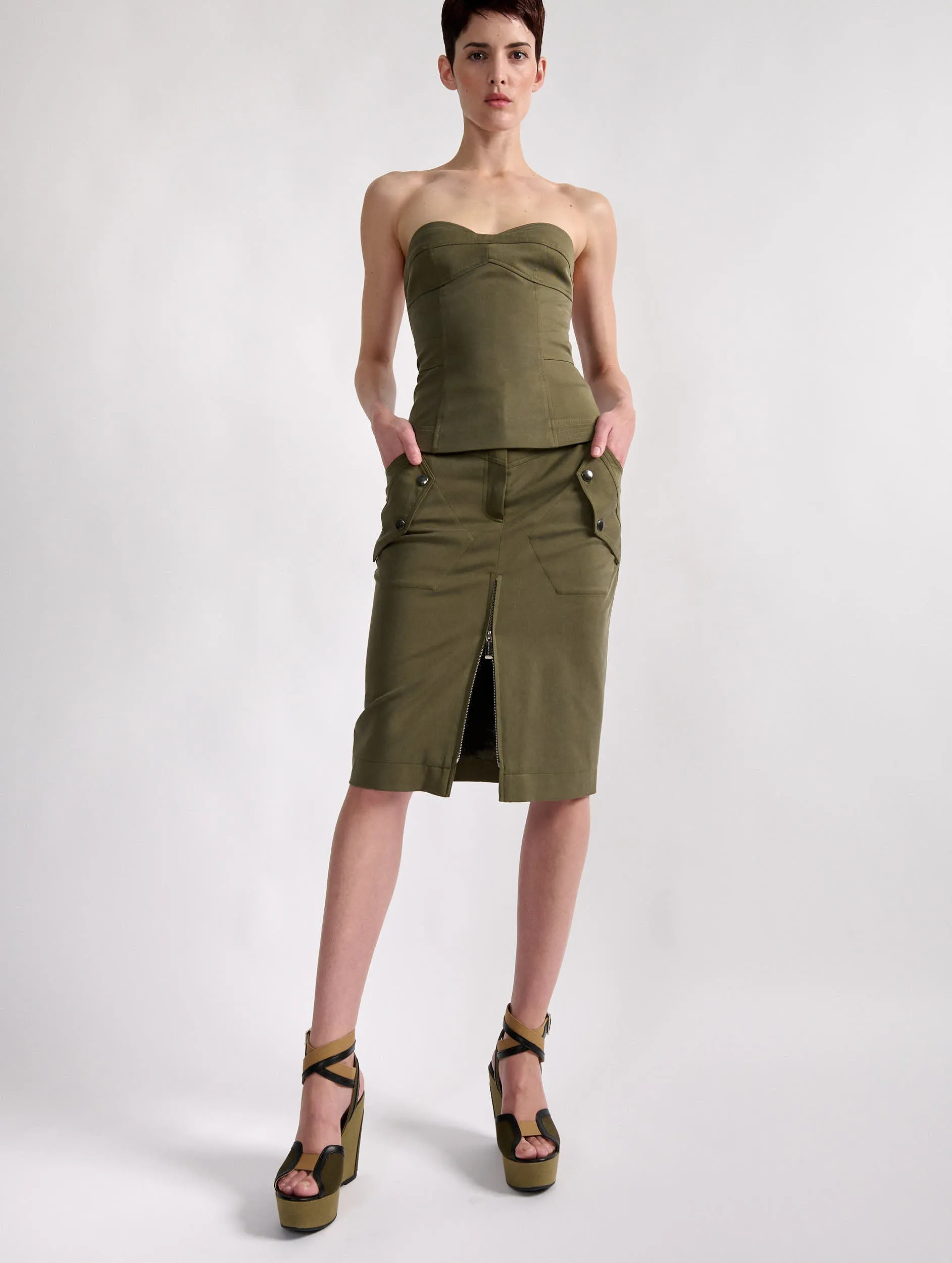 Khaki stretch gabardine bustier