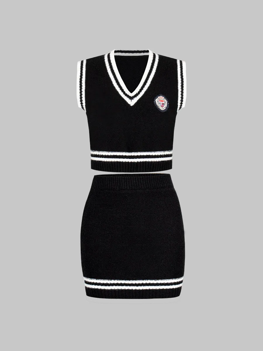 Knitted Tank Top Shirt with Tie Skirt Three Piece Set
