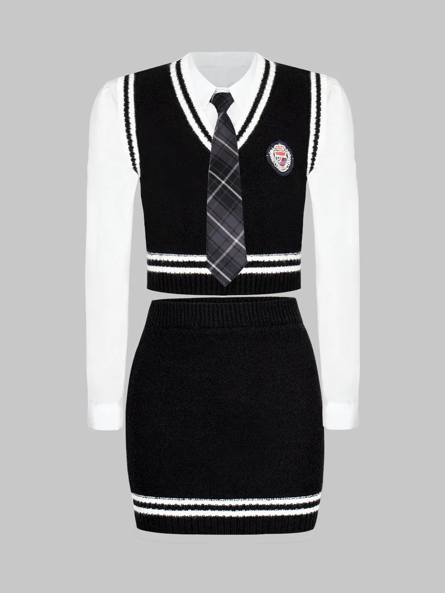 Knitted Tank Top Shirt with Tie Skirt Three Piece Set