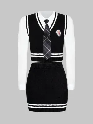 Knitted Tank Top Shirt with Tie Skirt Three Piece Set