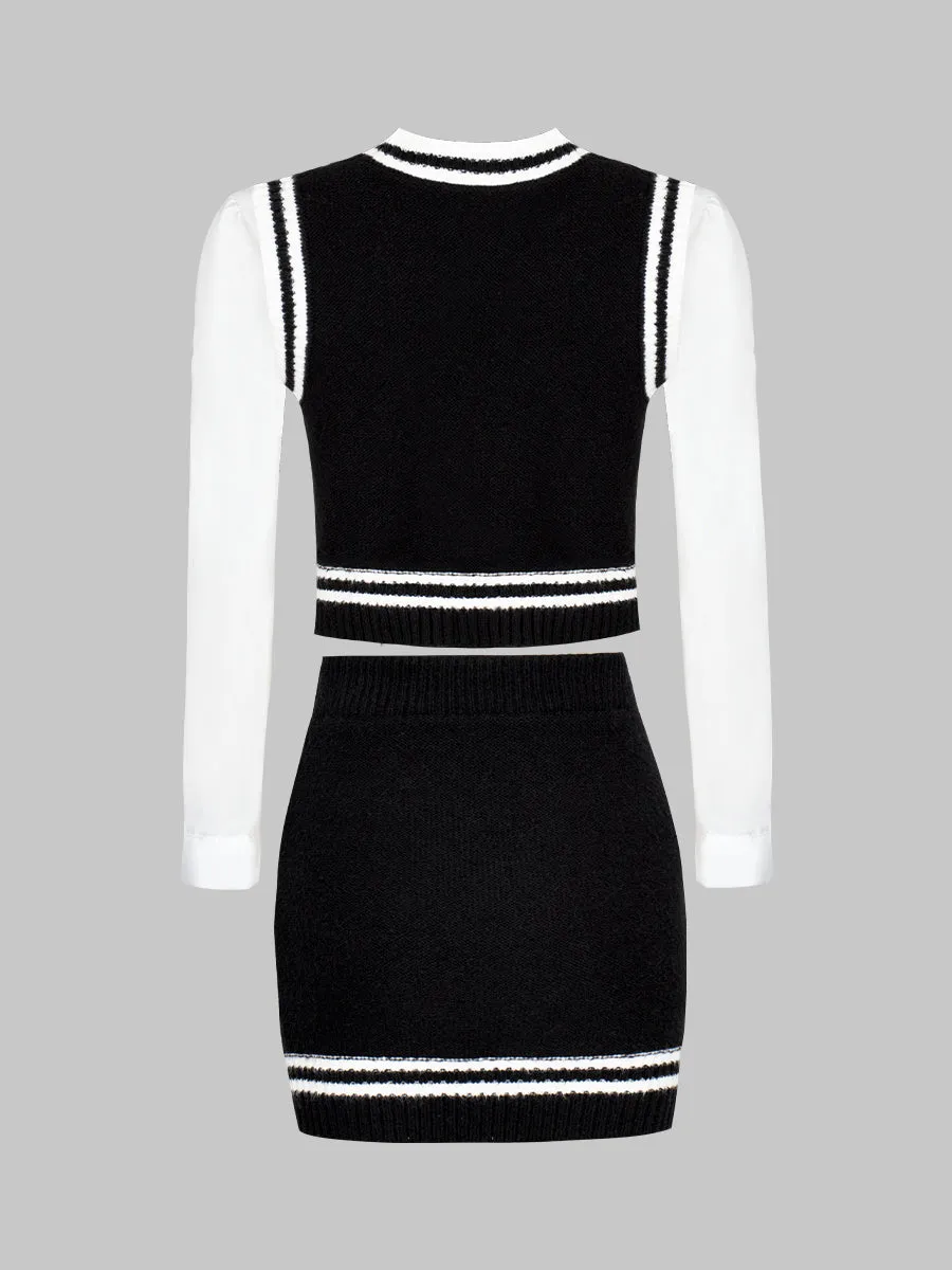 Knitted Tank Top Shirt with Tie Skirt Three Piece Set