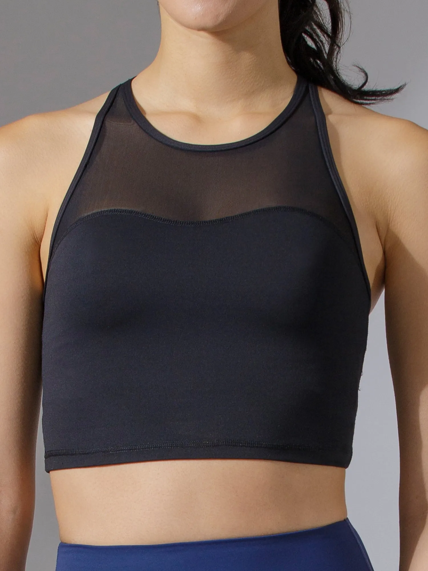 LABRYINTH CROPPED TANK, BLACK/BLACK MESH