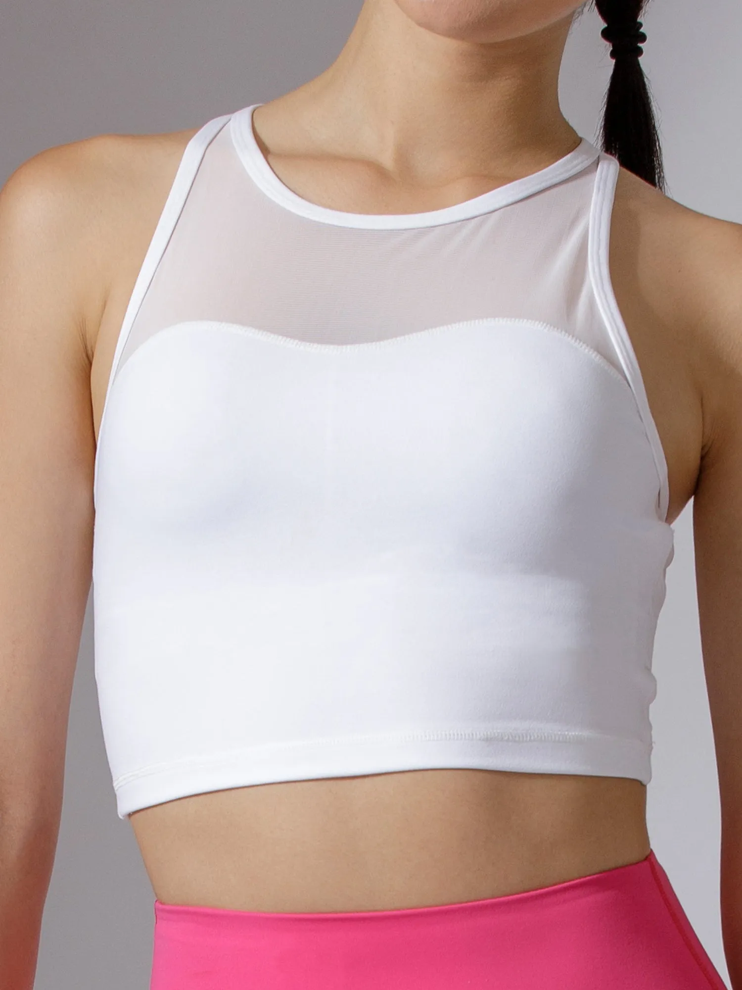 LABRYINTH CROPPED TANK, WHITE/WHITE MESH