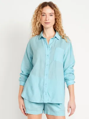 Linen-Blend Loose Button-Down Shirt