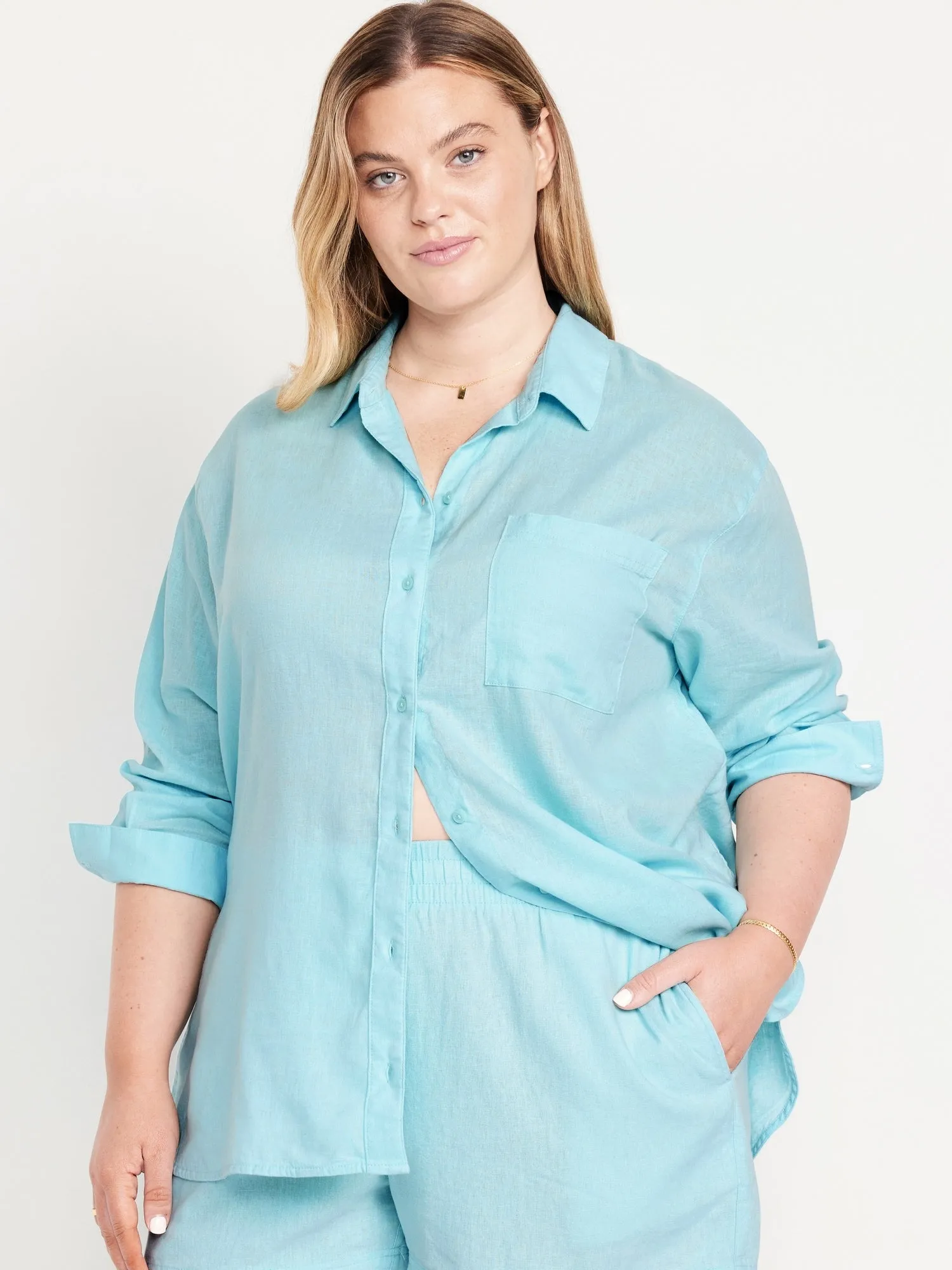 Linen-Blend Loose Button-Down Shirt