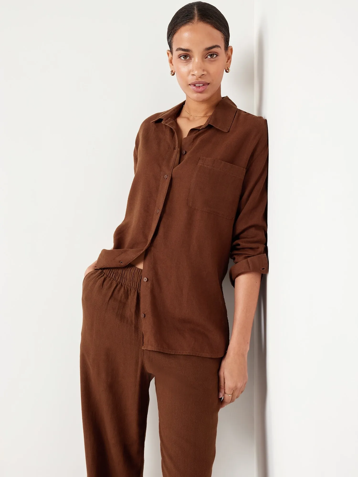 Linen-Blend Loose Button-Down Shirt