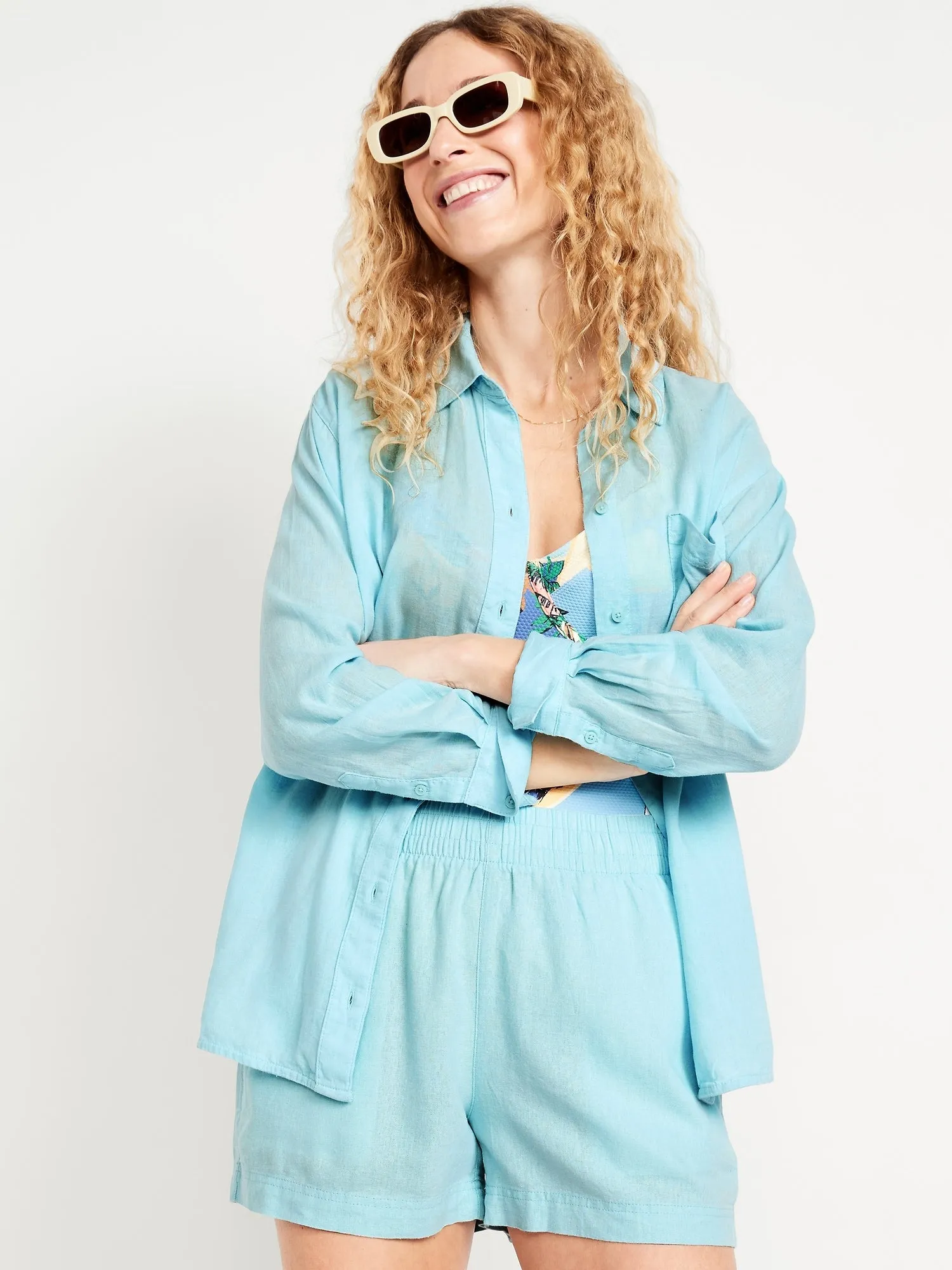 Linen-Blend Loose Button-Down Shirt
