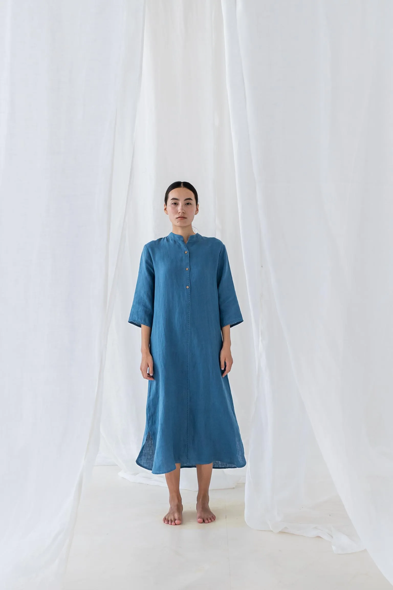 Linen Drizzle Shirt Dress-Stormy Blue