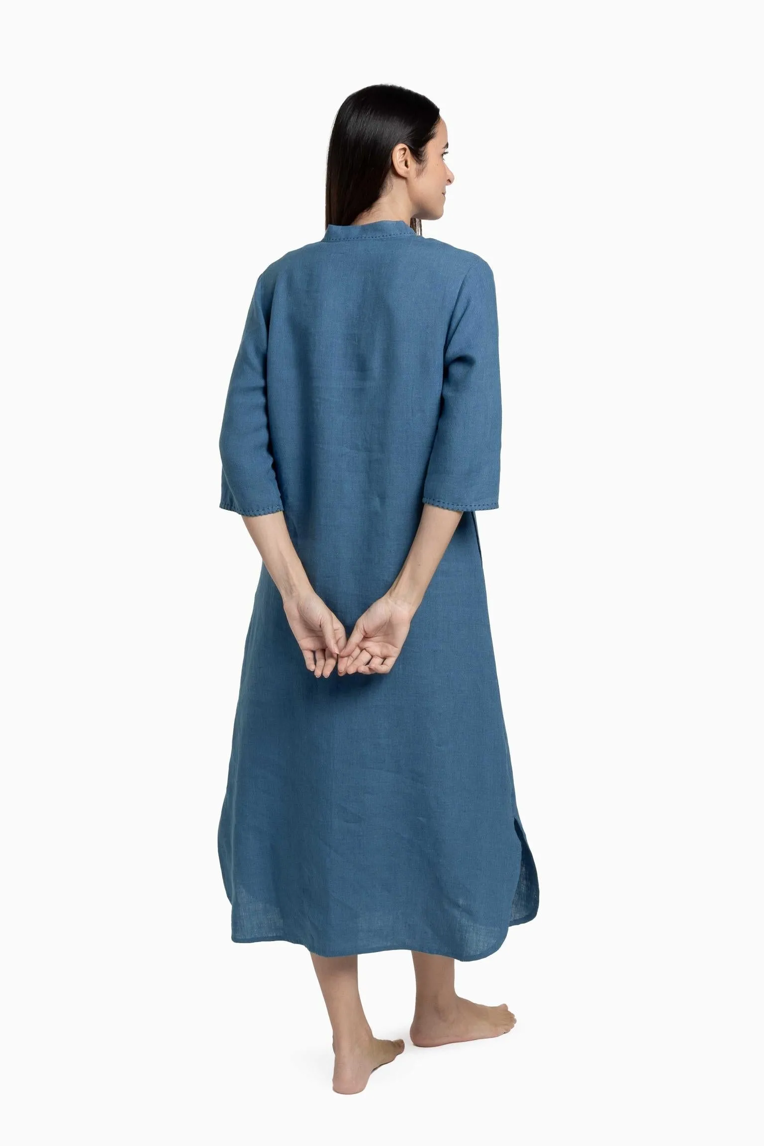 Linen Drizzle Shirt Dress-Stormy Blue