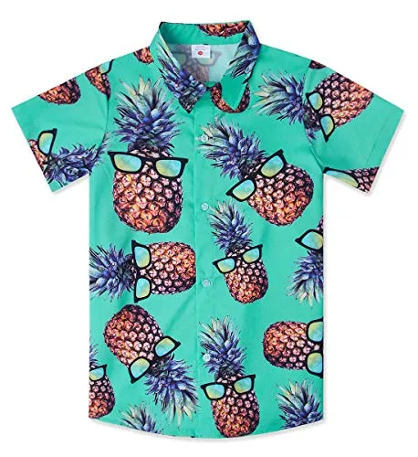 Little Boy Green Pineapples Sunglass Hawaiian Print Dress Shirts