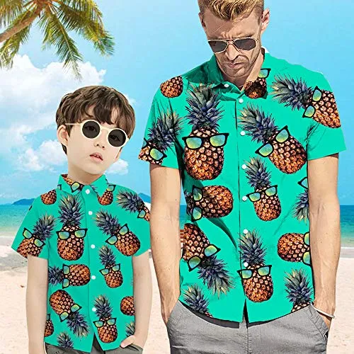 Little Boy Green Pineapples Sunglass Hawaiian Print Dress Shirts