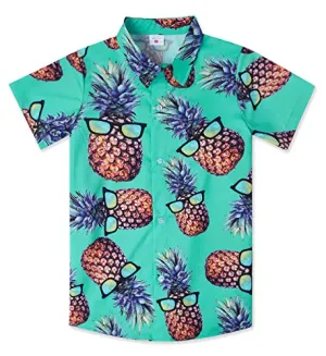 Little Boy Green Pineapples Sunglass Hawaiian Print Dress Shirts