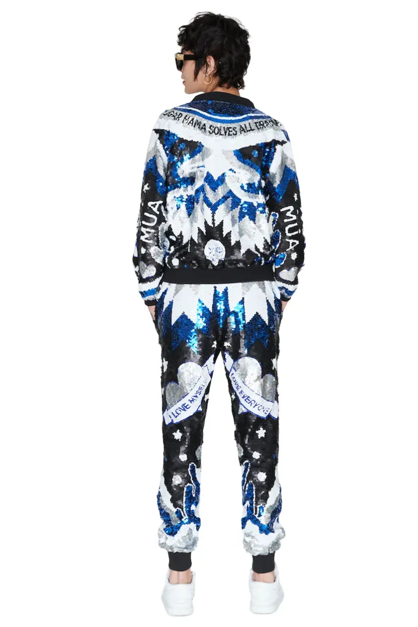 Love Everyone Blue Sequin Runner Pants