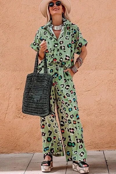 Macey Leopard Collared Neck Top and Pants Set