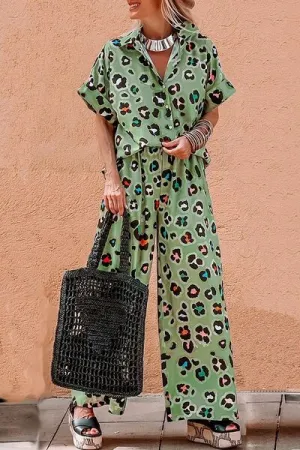 Macey Leopard Collared Neck Top and Pants Set