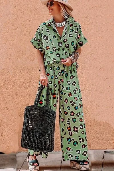 Macey Leopard Collared Neck Top and Pants Set