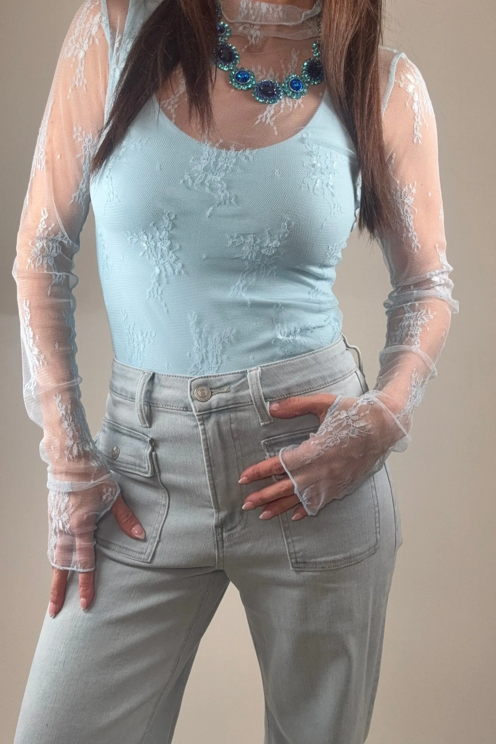 Mesh Lace High Neck Design Long Sleeve Fitted Top