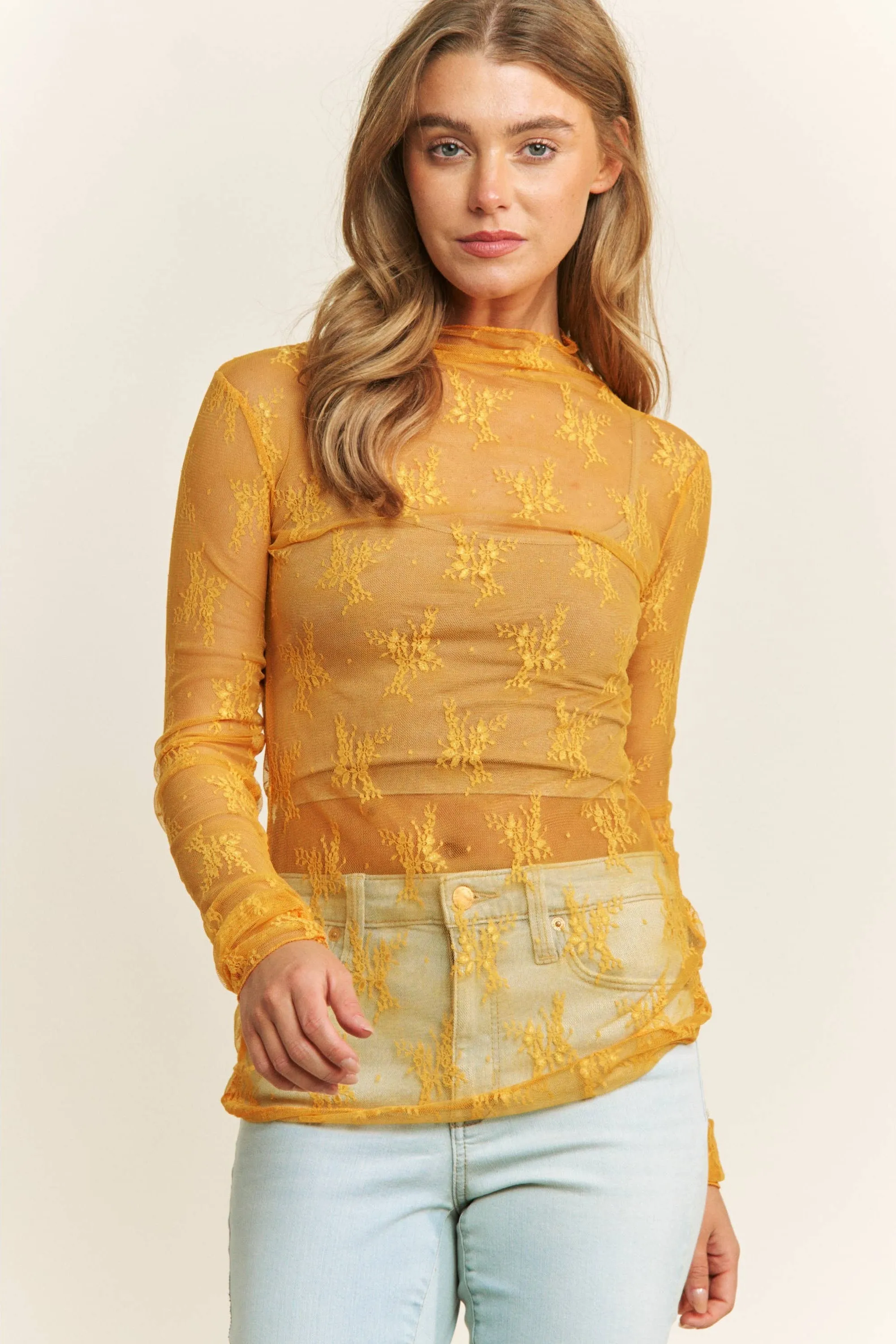 Mesh Lace High Neck Design Long Sleeve Fitted Top