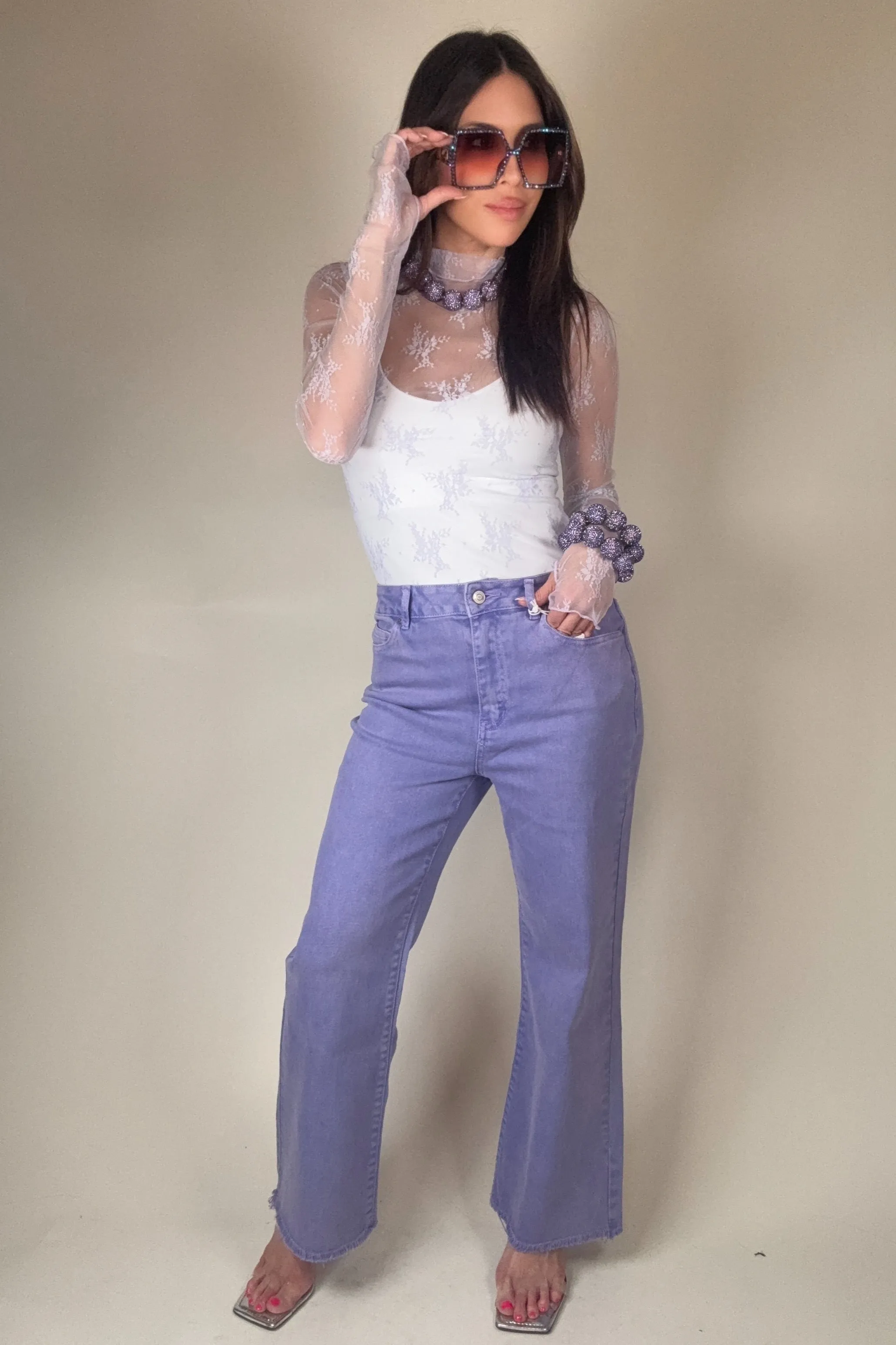 Mesh Lace High Neck Design Long Sleeve Fitted Top