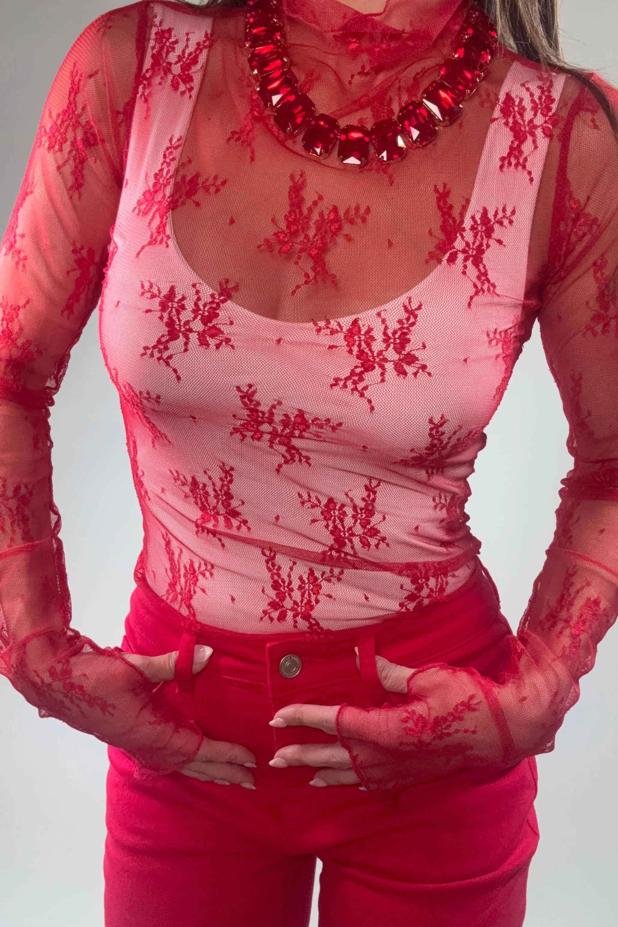 Mesh Lace High Neck Design Long Sleeve Fitted Top