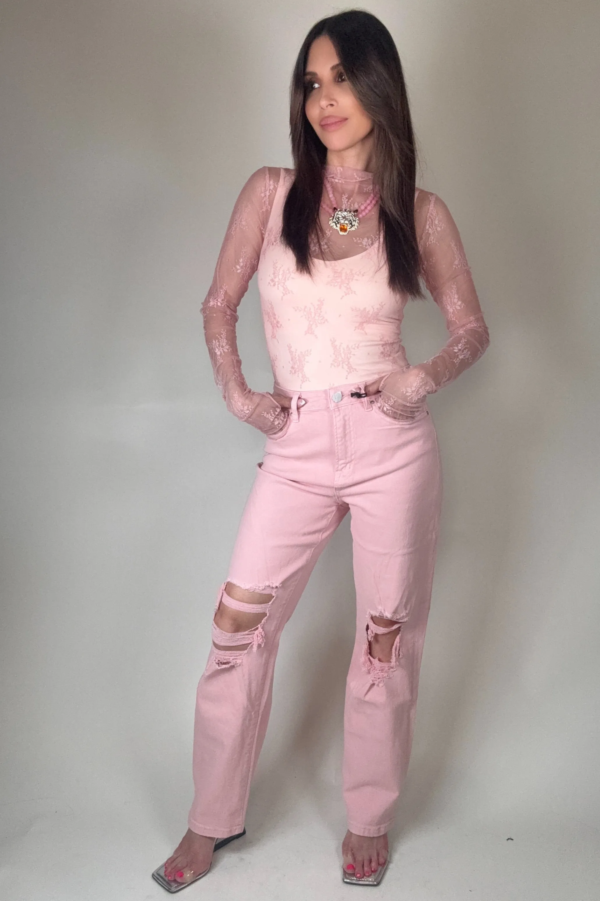 Mesh Lace High Neck Design Long Sleeve Fitted Top