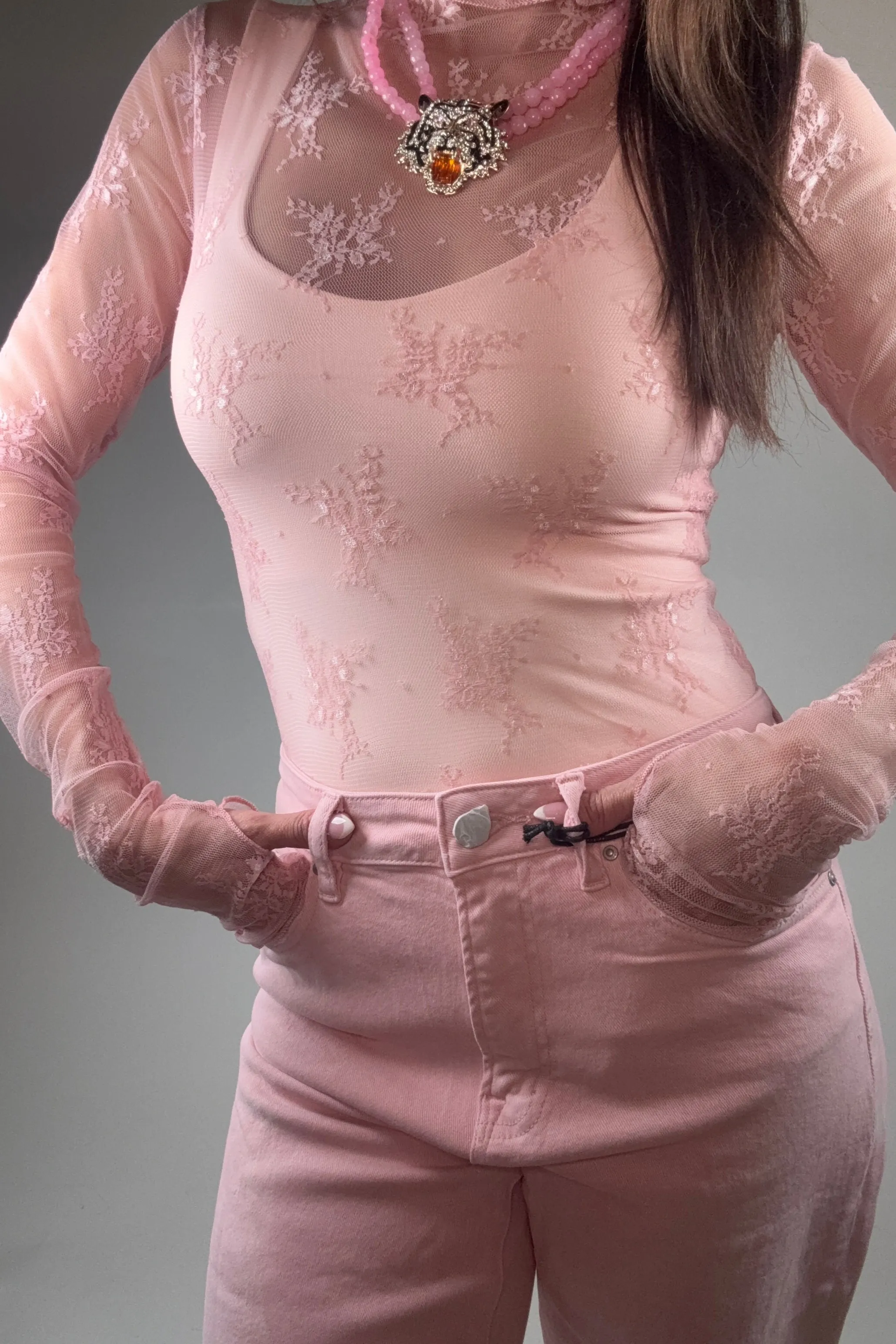 Mesh Lace High Neck Design Long Sleeve Fitted Top