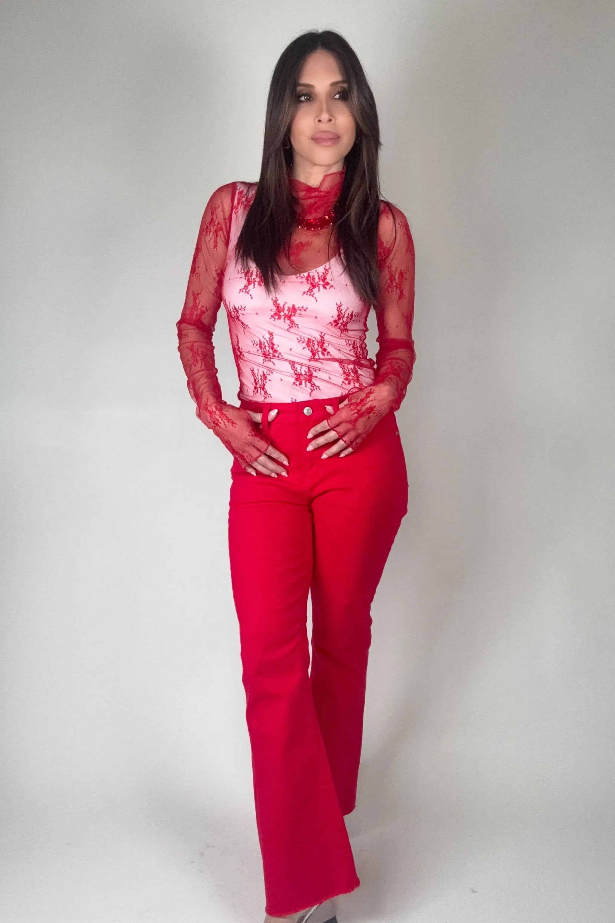 Mesh Lace High Neck Design Long Sleeve Fitted Top