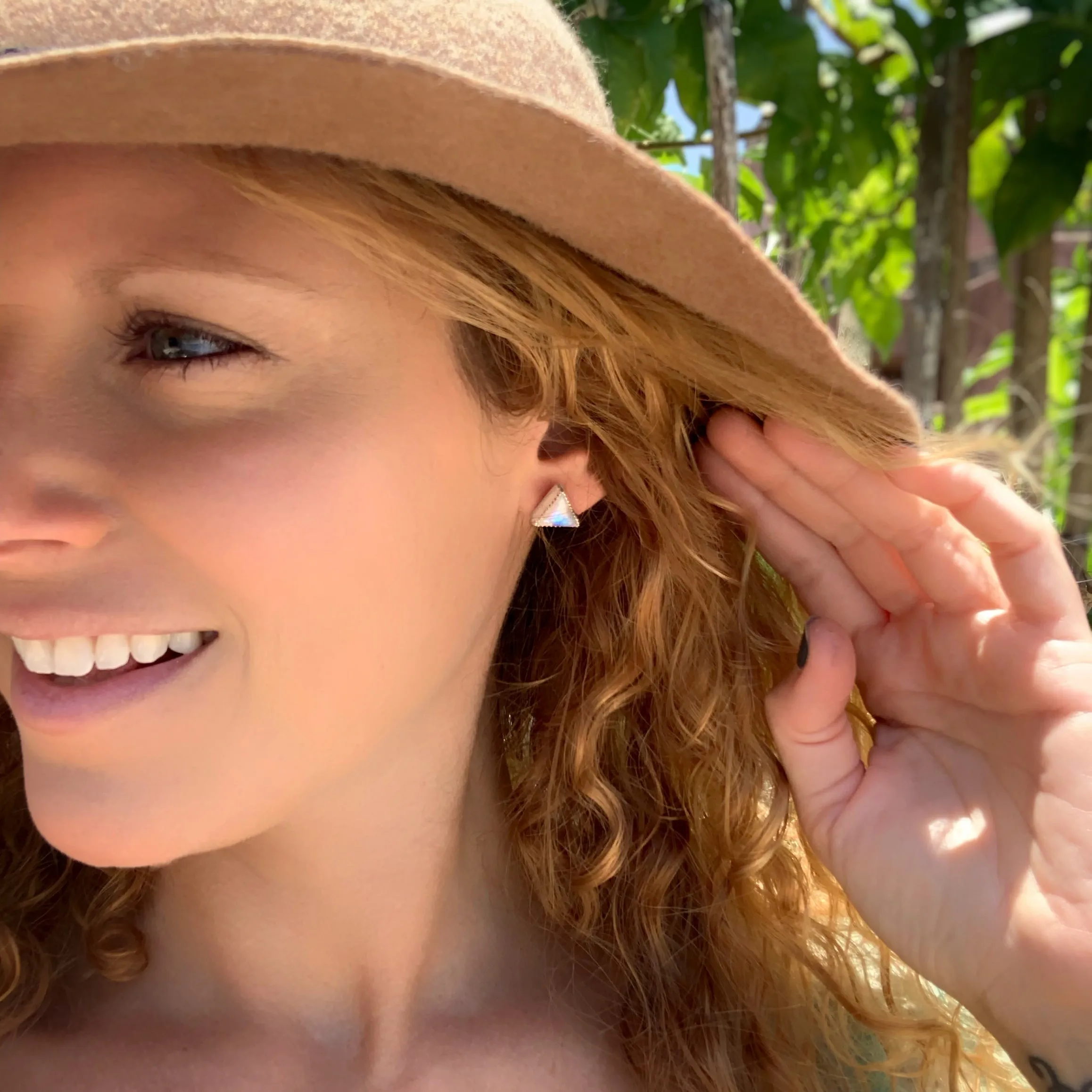 Moonstone triangle studs with removable stamped fringe ear jacket