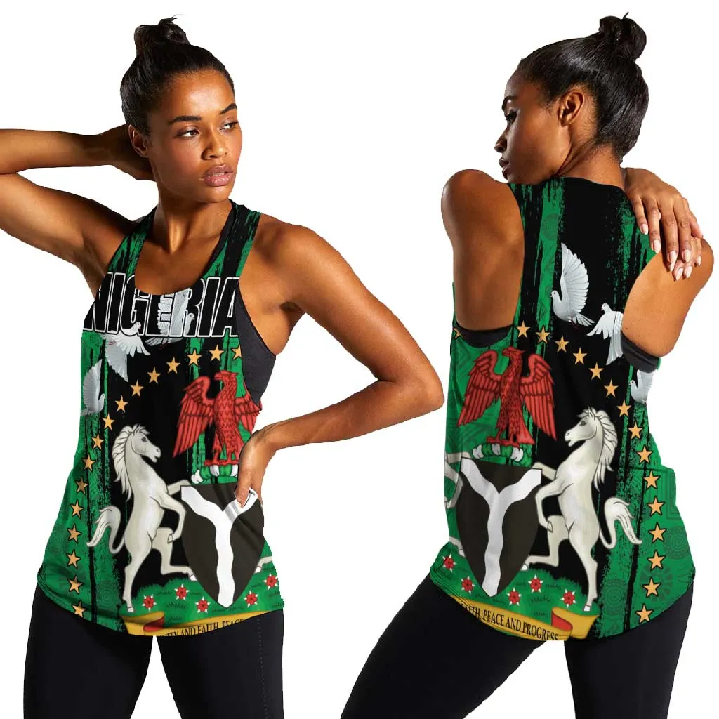 Nigeria Independence Day Women Racerback Tank - National Seal with Peace Dove - African Pattern LT03