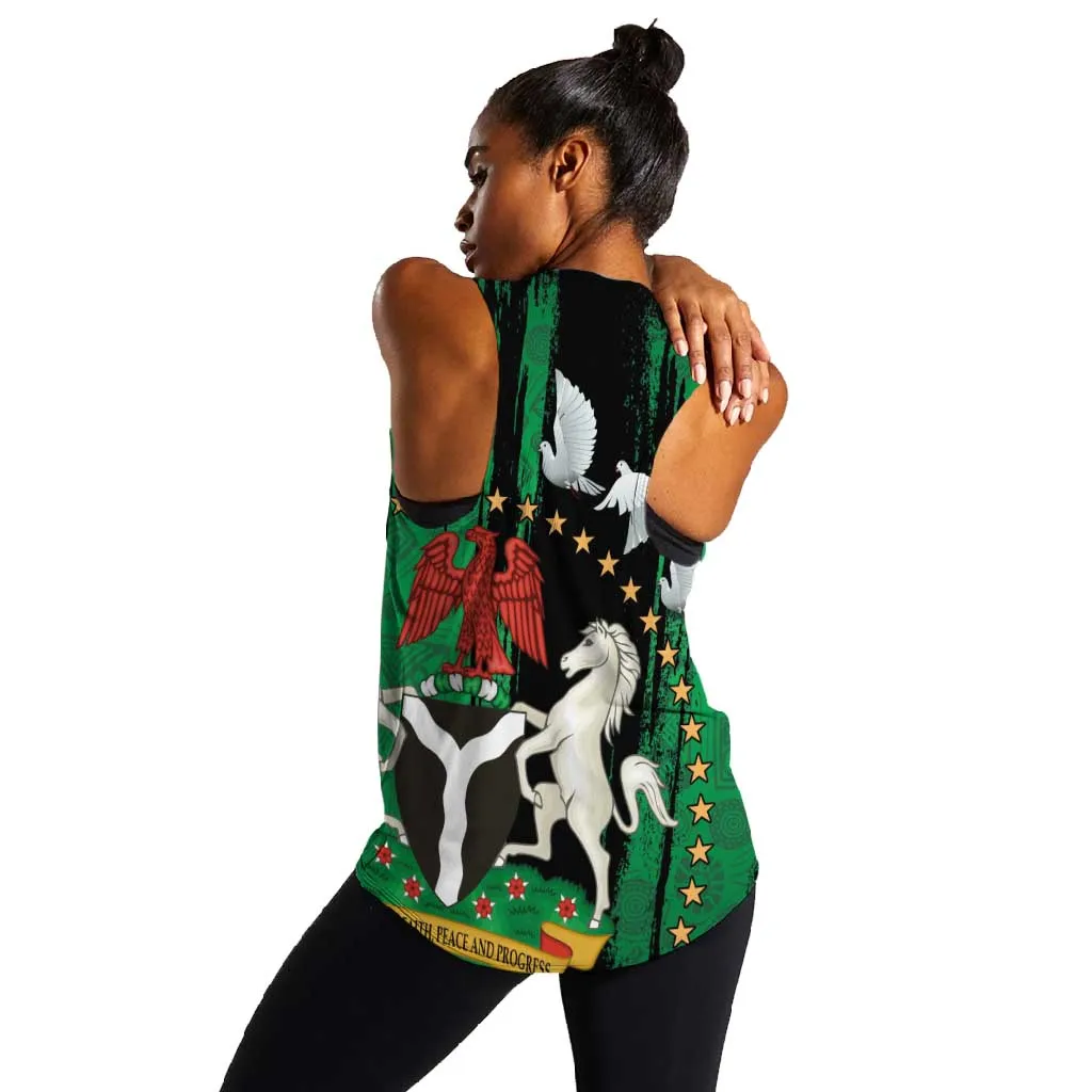 Nigeria Independence Day Women Racerback Tank - National Seal with Peace Dove - African Pattern LT03