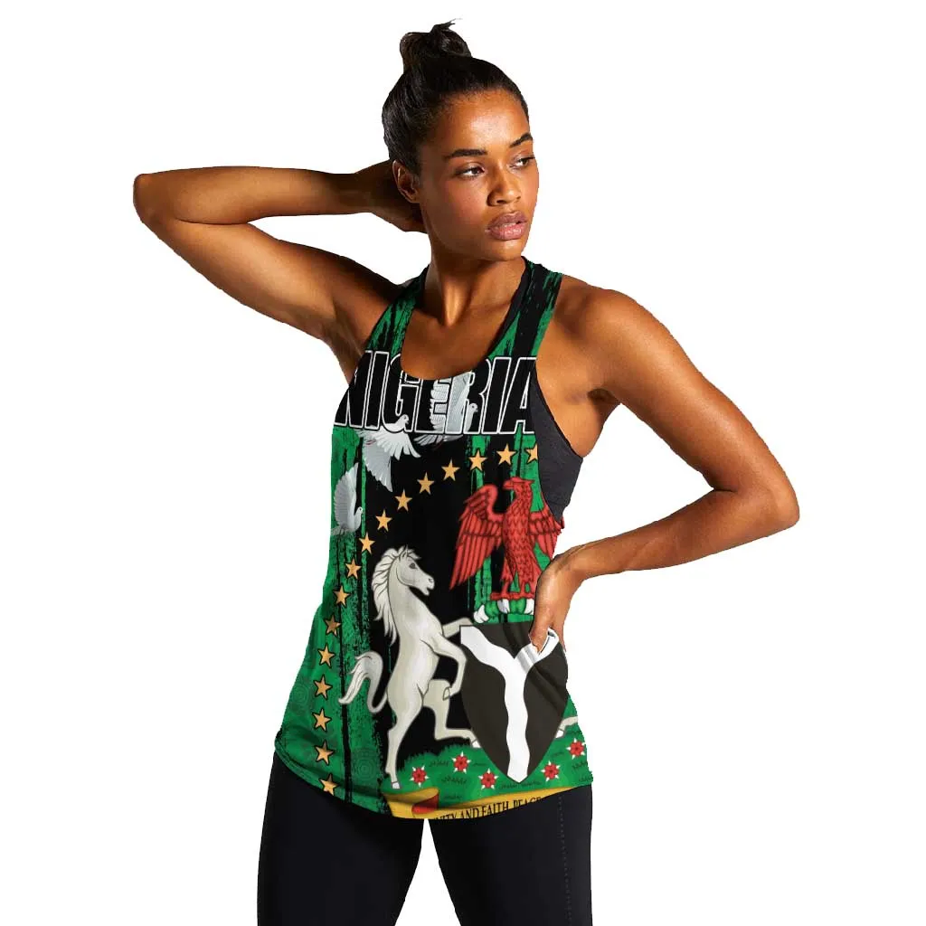 Nigeria Independence Day Women Racerback Tank - National Seal with Peace Dove - African Pattern LT03