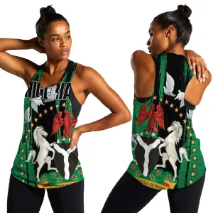 Nigeria Independence Day Women Racerback Tank - National Seal with Peace Dove - African Pattern LT03