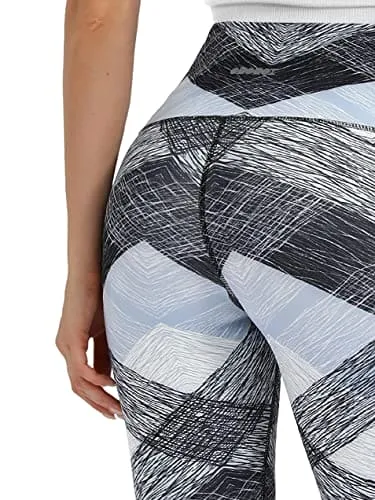 ODODOS Women's High Waisted Pattern Leggings with Pockets, Tummy Control Non See Through Athletic Workout Running Yoga Legging Pants, SketchedChevronSkyBlue, Large
