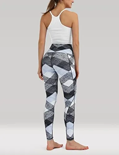 ODODOS Women's High Waisted Pattern Leggings with Pockets, Tummy Control Non See Through Athletic Workout Running Yoga Legging Pants, SketchedChevronSkyBlue, Large