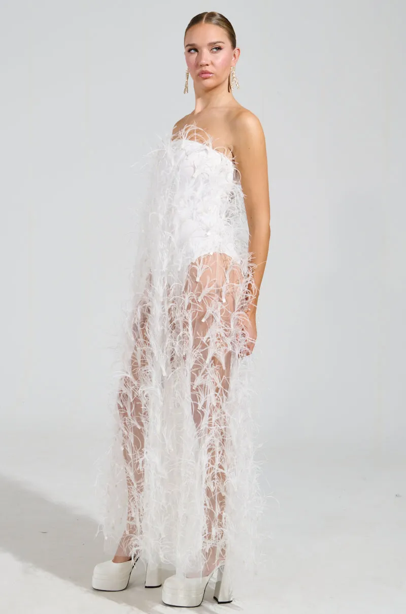 ONE OF A KIND FEATHER MAXI DRESS